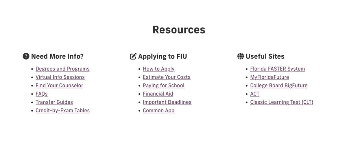 FIU High School Counselors page Resources section