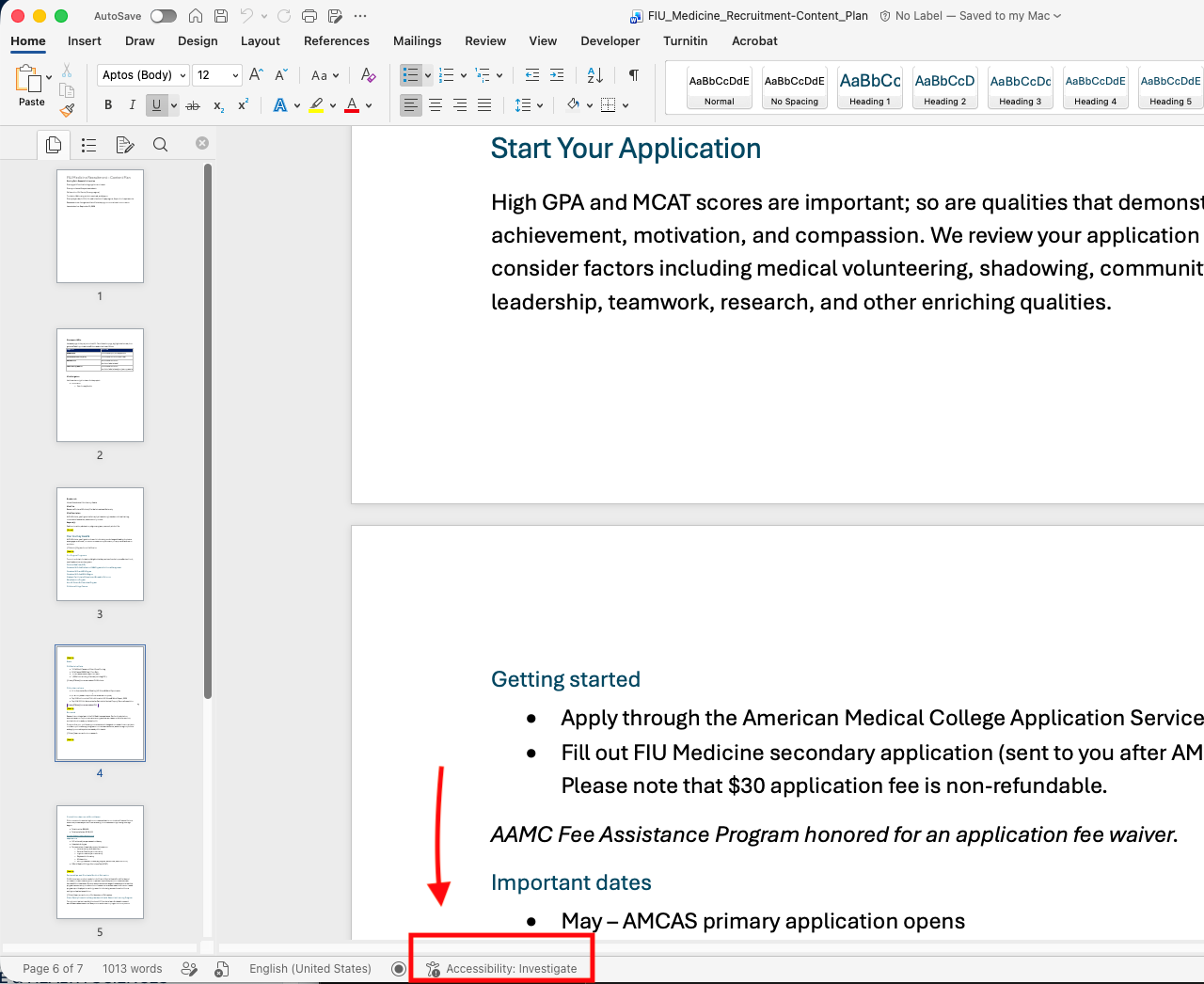 Screenshot of a Word document with the accessibility status as investigate.