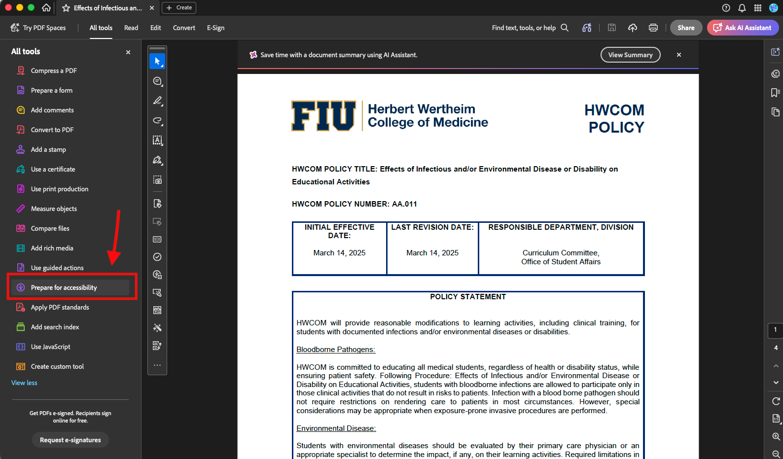 Screenshot of the All Tools Menu in Adobe Acrobat Pro with Prepare for Accessibility.