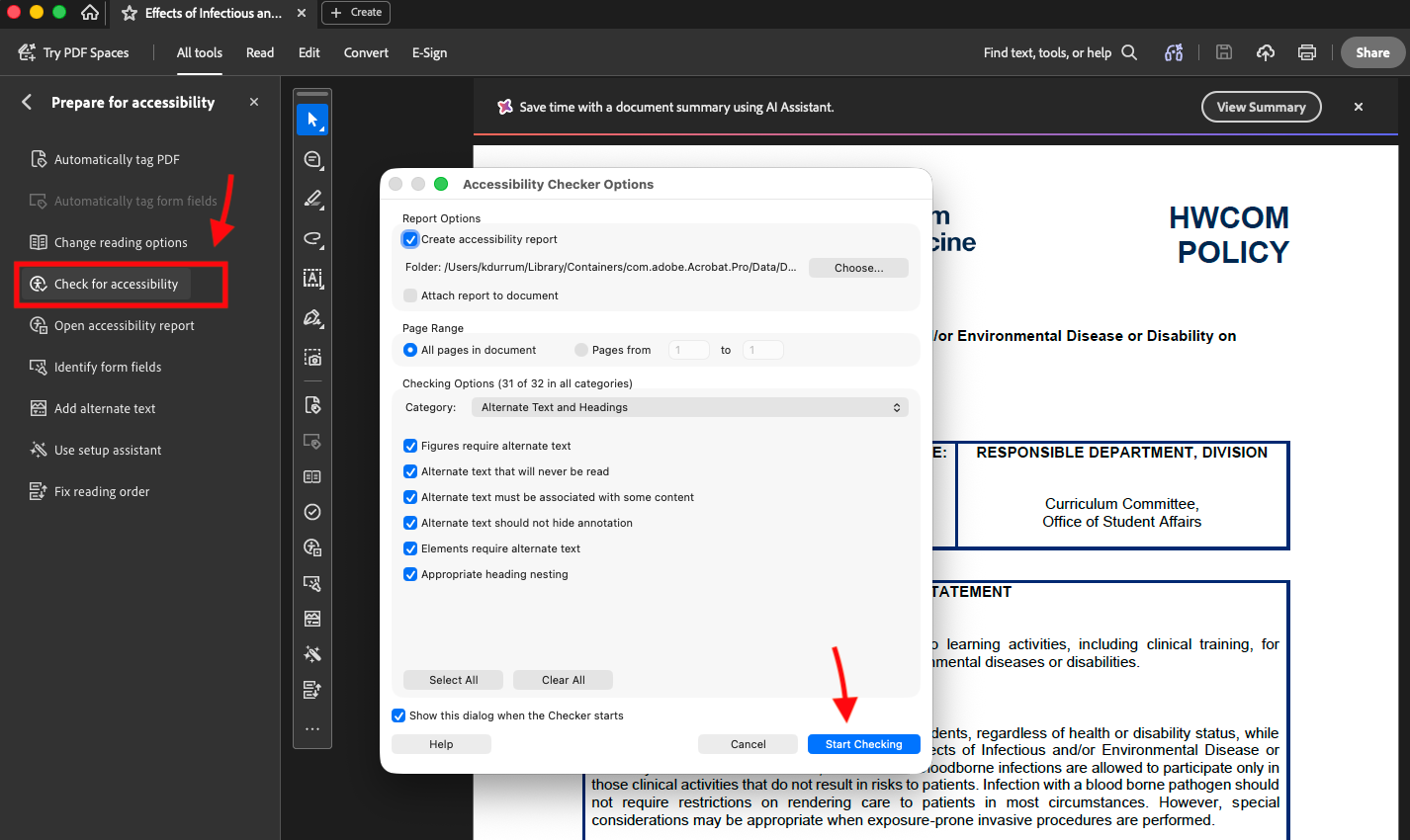 Screenshot of the menu options for preparing for accessibility.
