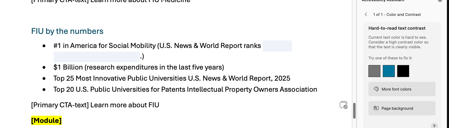 Screenshot of how Word helps you find the exact location of issues in your document