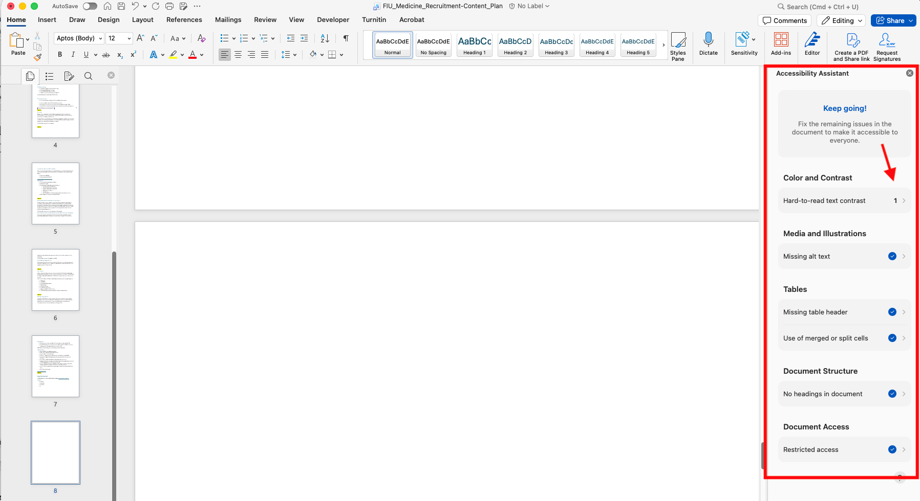 Screenshot of the list of errors in Word's accessibility checker.