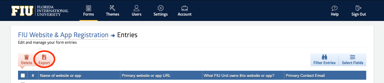 The delete and export icons on webforms.