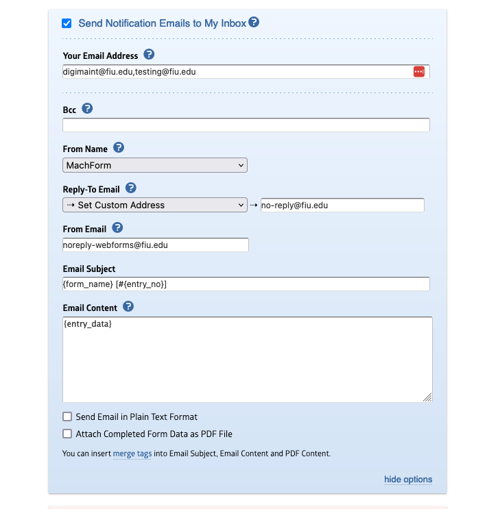 Webforms notifications more options panel