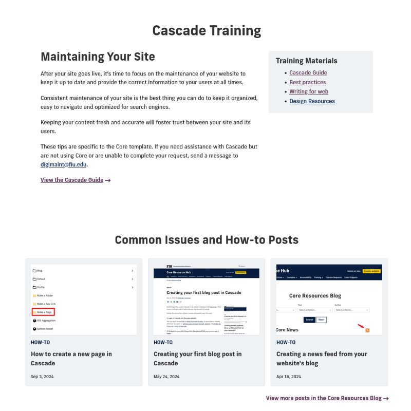 Screenshot of Cascade Training page on the FIU Core Resource Hub