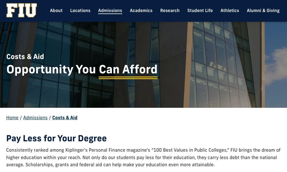 Screenshot of FIU tuition page with organic heading "Pay Less for Your Degree"