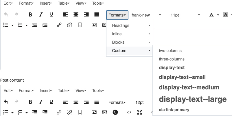 Content editor in Cascade showing the custom formats drop-down options.