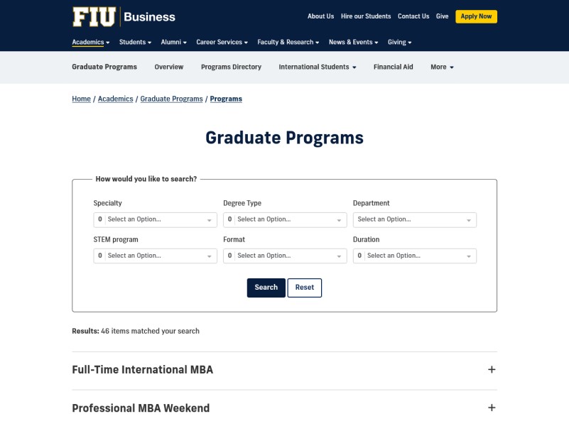 Screenshot of FIU Business Graduate Programs searchable interface