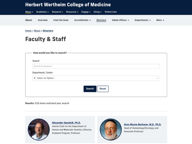Screenshot of the FIU College of Medicine's faculty and staff directory