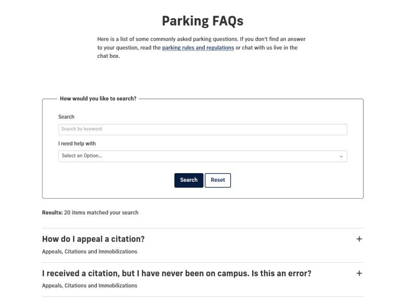 Screenshot of FIU Parking's FAQ searchable interface