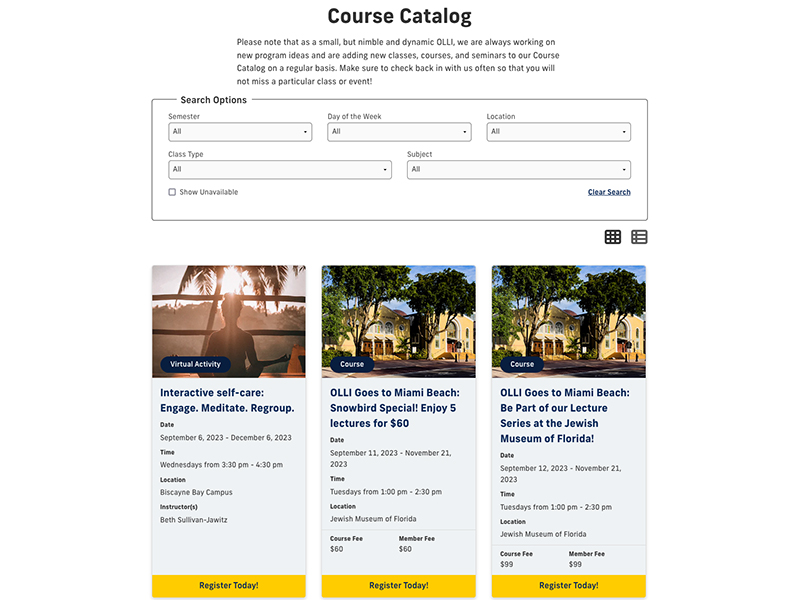 Screenshot of Osher Lifelong Learning Institute Course Catalog