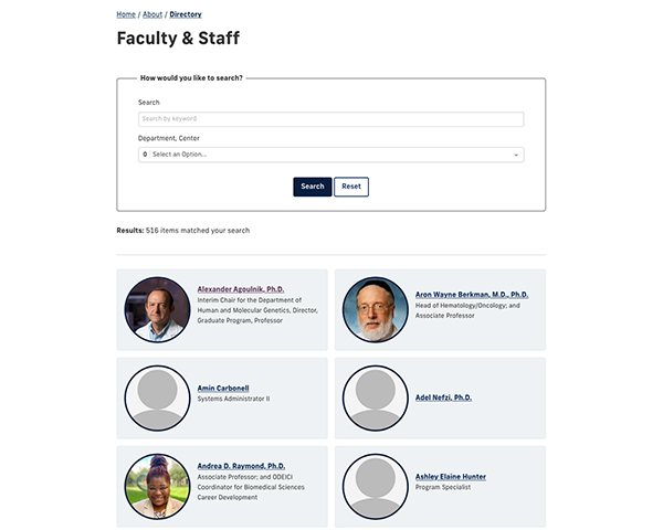 Screenshot of FIU College of Medicine searchable interface